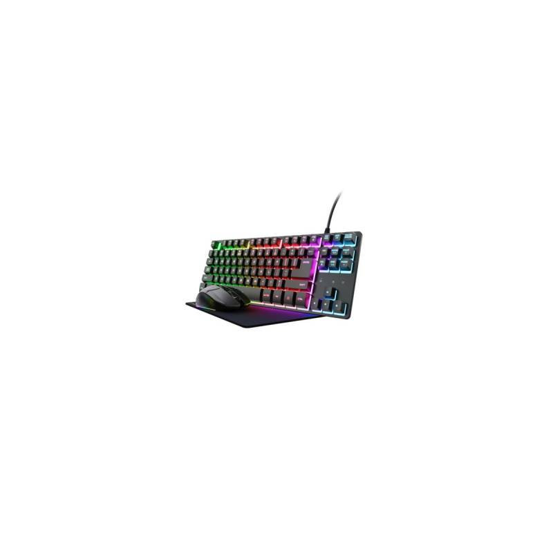 Combo Gaming Trust Gxt 794 3 En 1 Teclado Tkl + Mouse Inalã¡Mbrico + Mousepad Rgb Negro