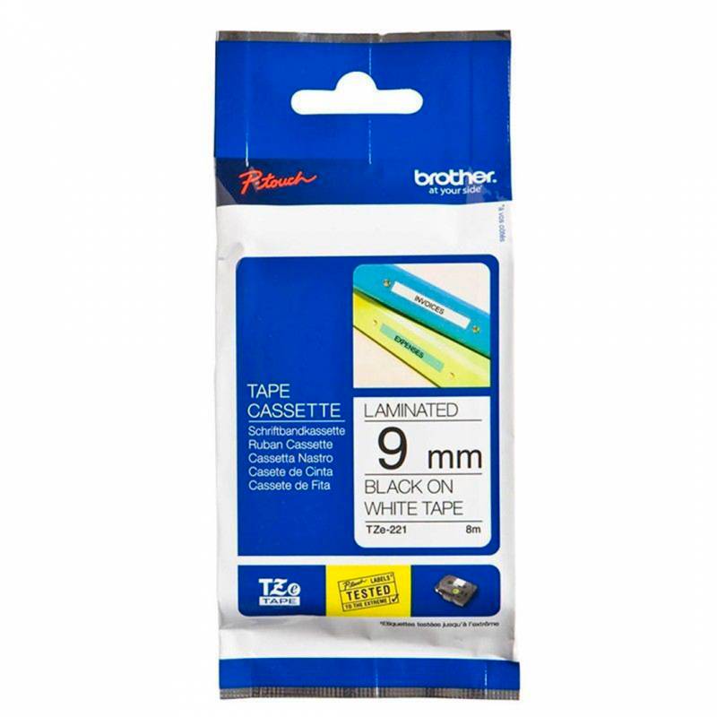 Cinta Tze221 Para Rotuladora Brother  - Ancho 9Mm Y Longitud 8M - Fondo Blanco Y Letras Negras