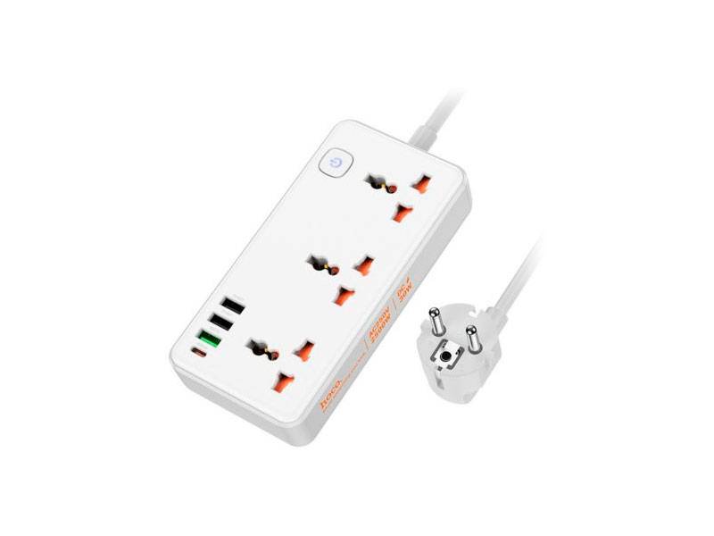 Zapatilla Hoco Ac8A Schuko Universal Usb-C. Usb-A  Blanco 30W.